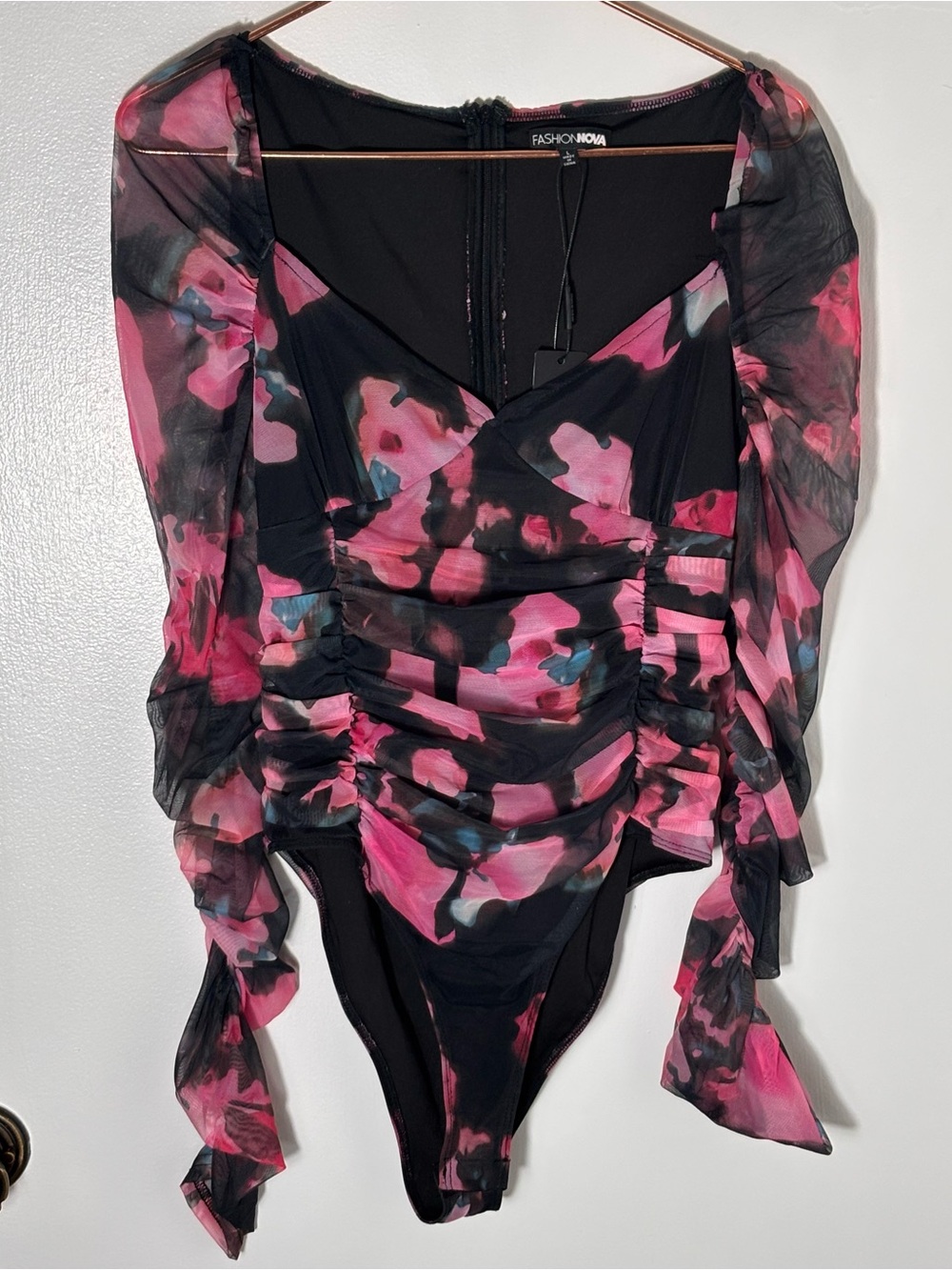 Fashion Nova - Floral Bodysuit - Sheer Sleeves - Gathered - Size L